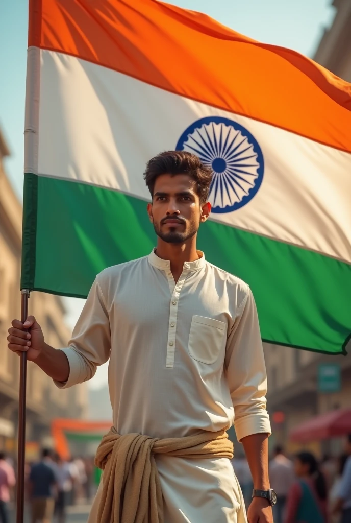 A 22 year old Indian boy keep hand Indian flag 