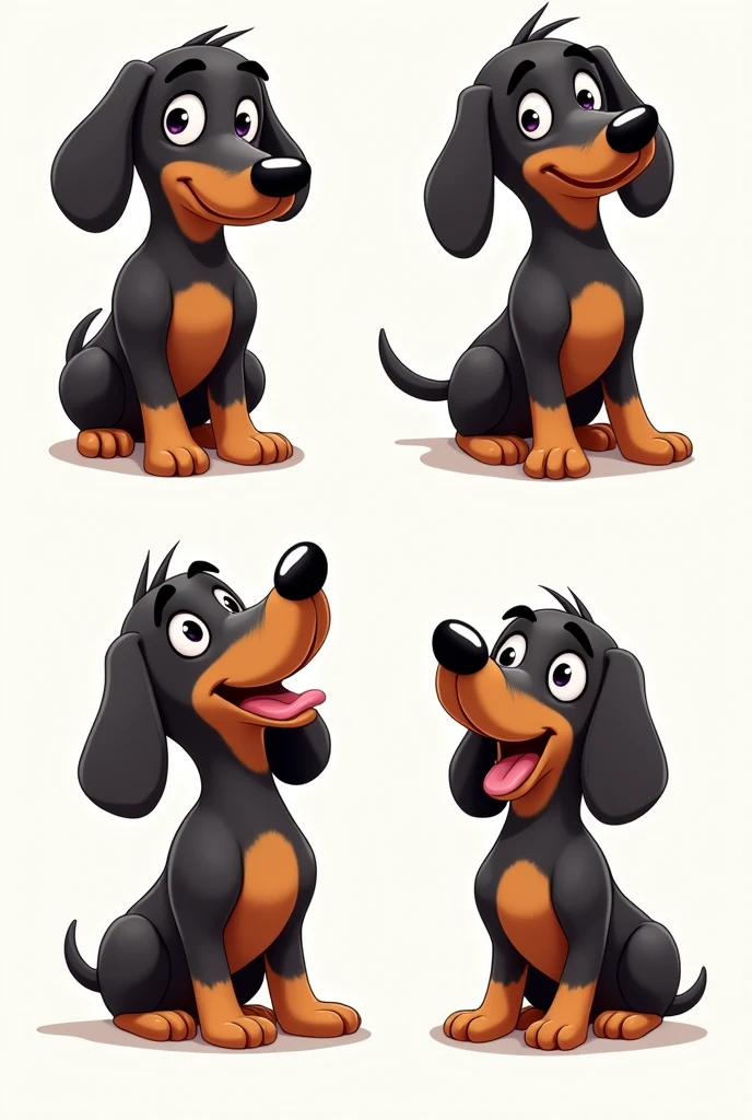 Various drawings, cartoon-like, of the same black sausage dog (with paw, caramel snout and eyebrows) in several different poses