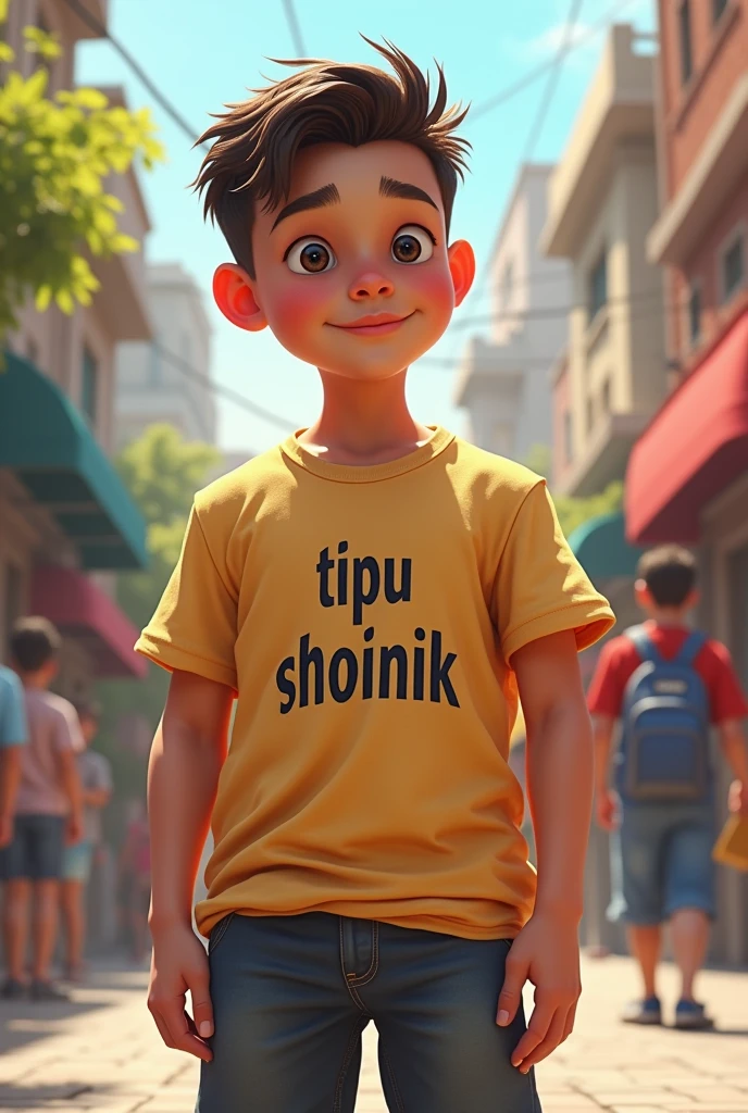 A boy wearing t-shirt in which "tipu shoinik" is written 