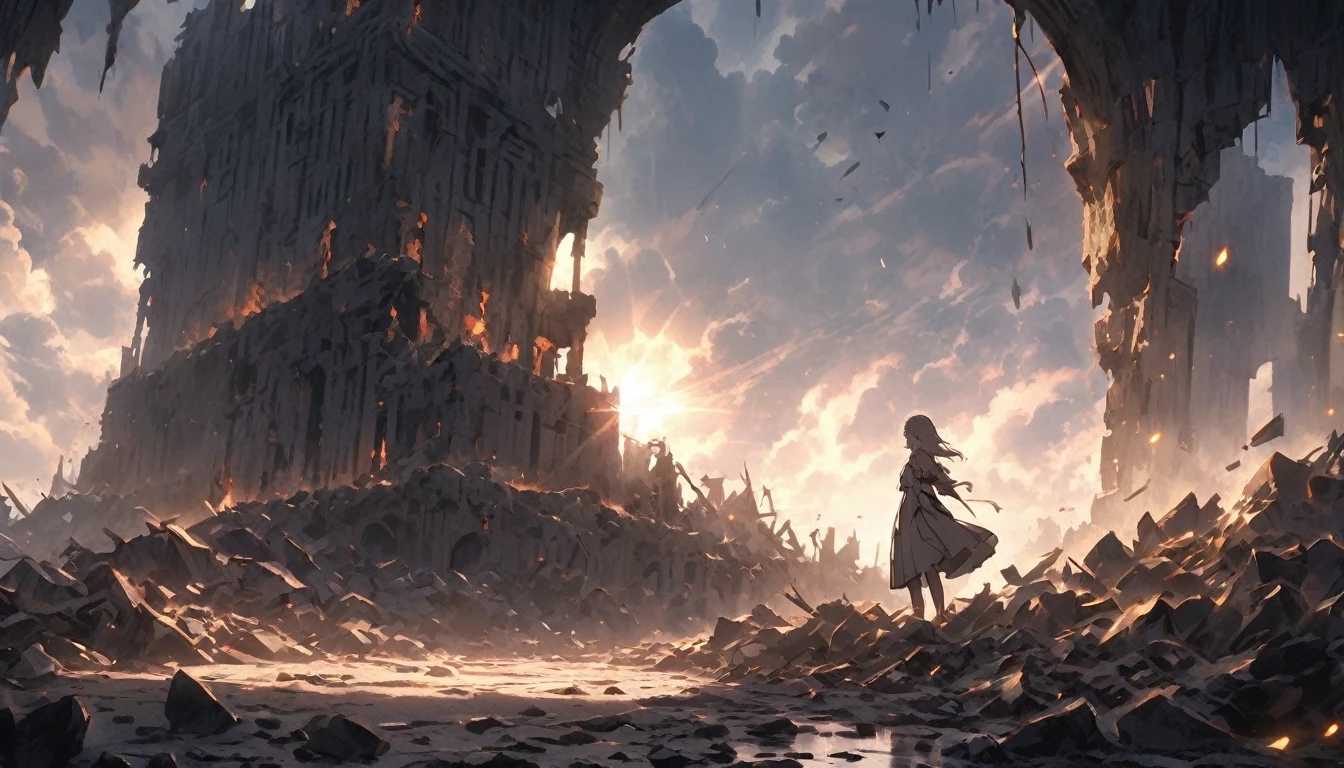 A somber yet empowering scene of a young woman standing alone in the middle of a ruined fortress at twilight, symbolizing her emotional state. The fortress is crumbling, with broken walls and debris scattered around, representing the fallen defenses and shattered dreams. The woman is in the process of picking up pieces of rubble, symbolizing the fragments of her broken heart. She has a determined expression on her face, indicating resilience and the will to rebuild. The sky is a mix of dark clouds and faint rays of light, symbolizing both the darkness of her past and the hope of a new beginning. The light subtly highlights the woman and the ruins, casting long shadows that add depth to the scene. The colors are muted but with hints of warm light breaking through, creating a contrast between the despair of the past and the hope of the future.
