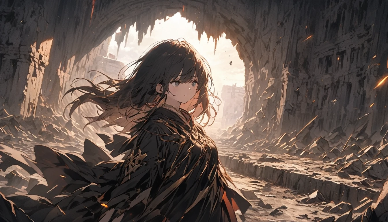 A somber yet empowering scene of a young woman standing alone in the middle of a ruined fortress at twilight, symbolizing her emotional state. The fortress is crumbling, with broken walls and debris scattered around, representing the fallen defenses and shattered dreams. The woman is in the process of picking up pieces of rubble, symbolizing the fragments of her broken heart. She has a determined expression on her face, indicating resilience and the will to rebuild. The sky is a mix of dark clouds and faint rays of light, symbolizing both the darkness of her past and the hope of a new beginning. The light subtly highlights the woman and the ruins, casting long shadows that add depth to the scene. The colors are muted but with hints of warm light breaking through, creating a contrast between the despair of the past and the hope of the future.
