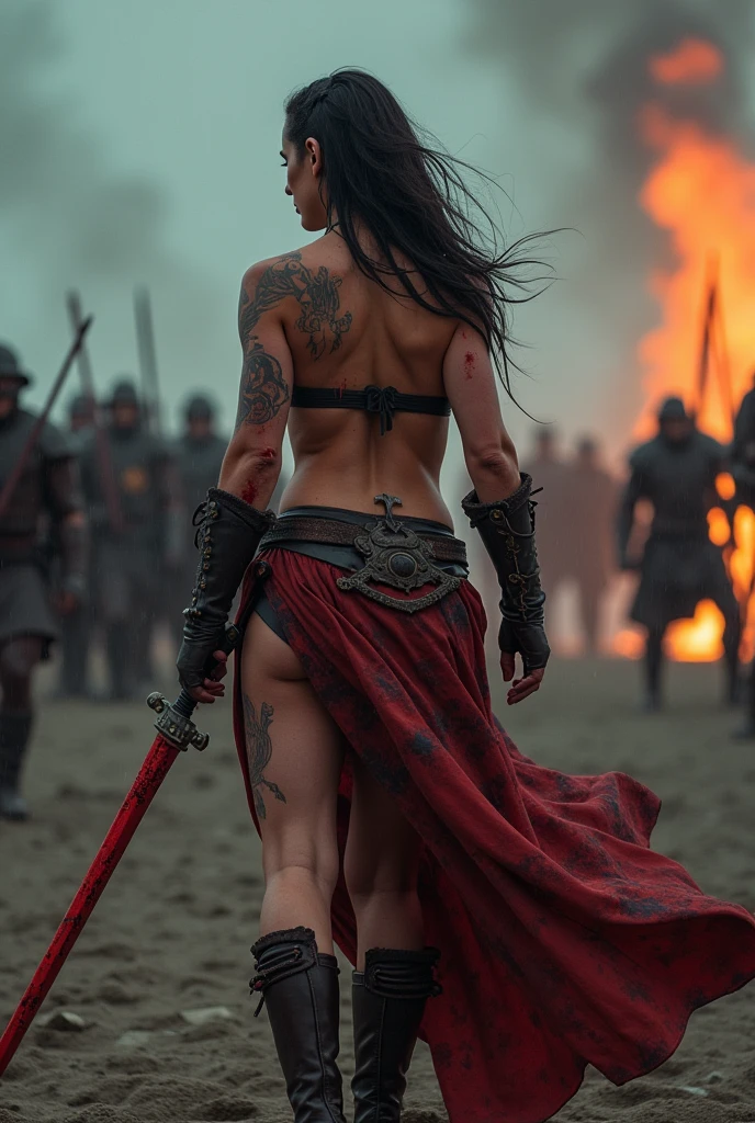 Medivial period, battle field, Sexy muscular russian woman warrior, wearing a unique styled dress and skirt, six pack abs, small sized tits and ass, killing antagonist, moonlight, tattoo on her arms, blood all over her body, participating in medivial war near the ocean beach, big swords in her hand covered in blood, soldiers in background, fire in the background, fire, swords, blood, rain, 8k, hyper realistic, ultra HD