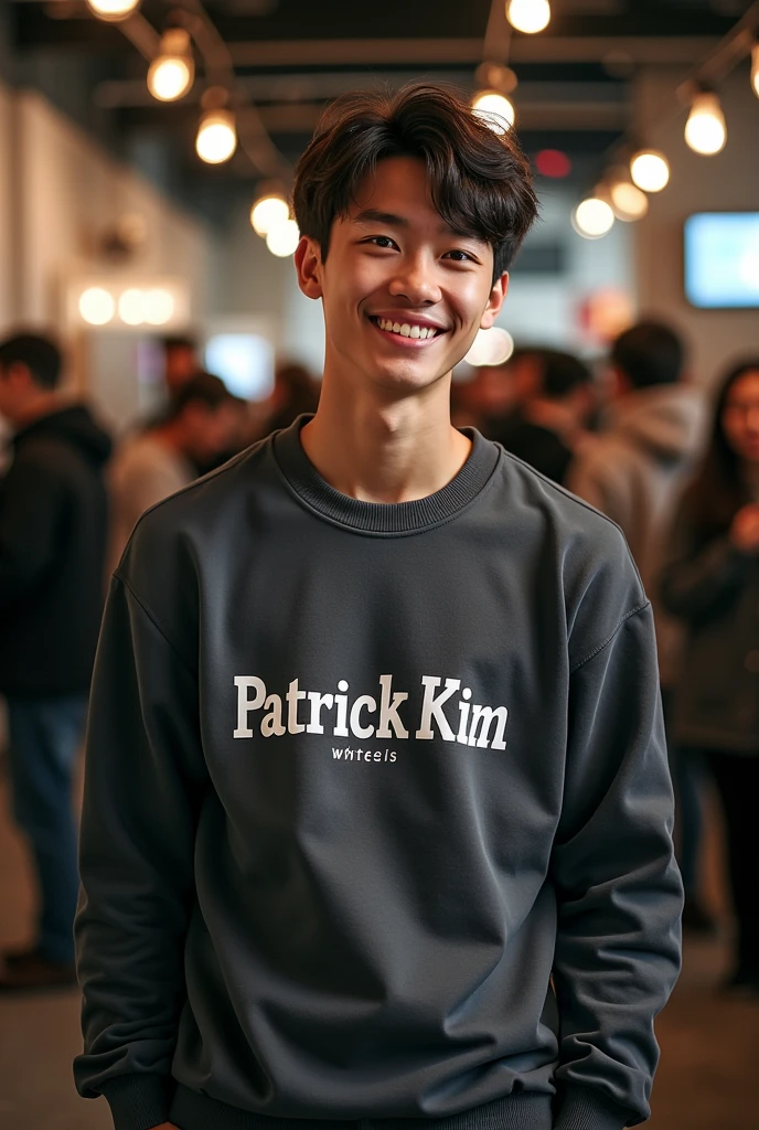 Patrick Kim logo sur un garçon portant pull-over dans un studio où il y a beaucoup de gens