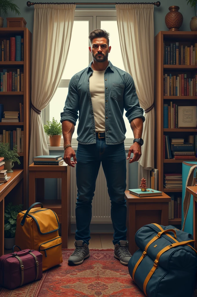 A man and surrounding with books gym things bags