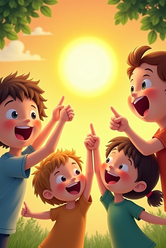 Kids holding their hands and I pointing sun with their fingers