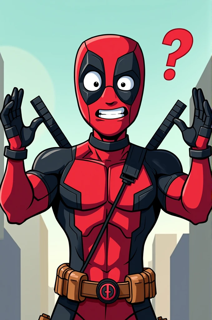 Deapool cartoon image asking what with both hands in air