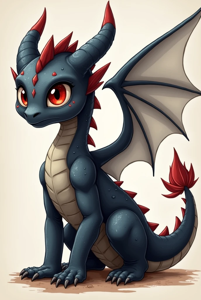 cartoon、The main picture shows a young black dragon（Quadrupeds、Muscular limbs、Detailed description、Beautiful red eyes）、White feather wings