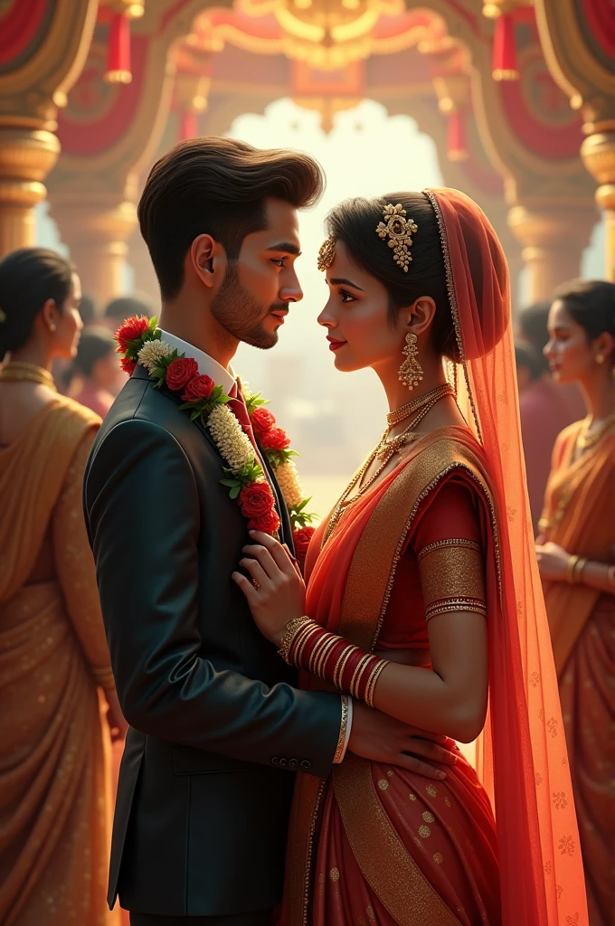 Hindu new young couple posing in there marriage like she is not like to marry him and the man is very much love her
