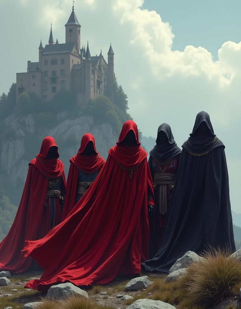 Five hooded men stand on a mountain with a castle in the background, Pintado por Andreas Rocha, vestes vermelhas, Dark robes, Reis Cruzados 3, Directed by: Andreas Rocha, Credo do Assassino, Assassinos, vestindo vestes escuras, Andreas Rocha e John Howe, wearing flowing robes, flowing robes and leather armor, Martin Raphael Lacoste