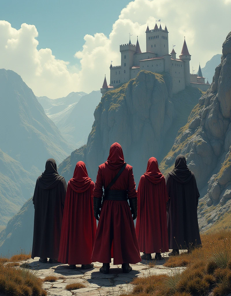 Five hooded men stand on a mountain with a castle in the background, Pintado por Andreas Rocha, vestes vermelhas, Dark robes, Reis Cruzados 3, Directed by: Andreas Rocha, Credo do Assassino, Assassinos, vestindo vestes escuras, Andreas Rocha e John Howe, wearing flowing robes, flowing robes and leather armor, Martin Raphael Lacoste