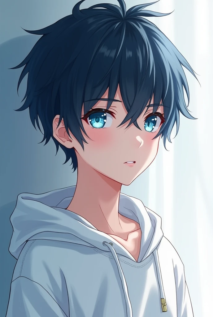 Black haired anime boy with blue eyes wearing a white hoodie