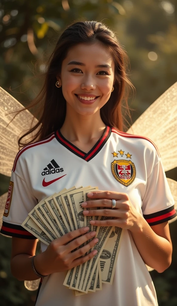 a magical fairy godmother wearing a São Paulo Football Club shirt. She should be holding a stack of money in one hand and spreading an enchanted glow around her.. The fairy must have delicate wings and a welcoming smile, with a background that highlights the magic and glamour of the moment." All clothing must be white with black and red stripes at the waist., woman&#39;s body and man&#39;s face