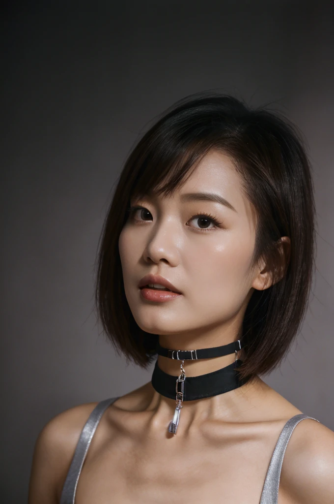 Prompt: Prompt: Inspired by Geum Sae Rok, a beautiful and attractive girl, 2 Thai-Chinese girl, 162-centimeter height, natural-ivory skin tone, perfect face, small eyes, black eyes, ((Korean droopy and monolid-eyes)), (clear-detailed eyes), centered-focus eyes, natural-gloss full lips, no-makeup looks, (2024 new-trend long bob haircut), ((white and silver highlights on black hair)), (clear-detailed hairs), free nipples, steel piercing nipples, narrow shoulders, long neck, slim waist, rich-detailed skin texture, skin detention, (white camisole crop-tops), high-waist blue skinny-denim, ((too-tight black color heart choker)), ((fine-detailed choker)), blindfold tied talk to the camera, sexy and funny in her eyes, studio portraiture, studio lighting, HDR, side view