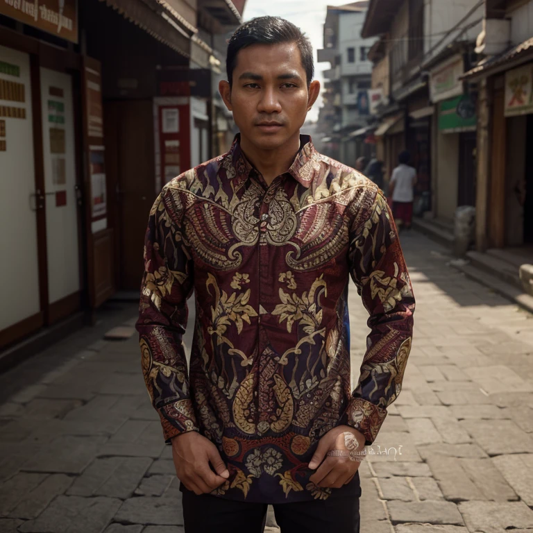 ((best quality)), ((masterpiece)), (detailed), 25 years old Indonesian men wearing indonesia batik , repetitive patern batik , blazzer, shop street, highly detailed, intricate, 8k octane rendering