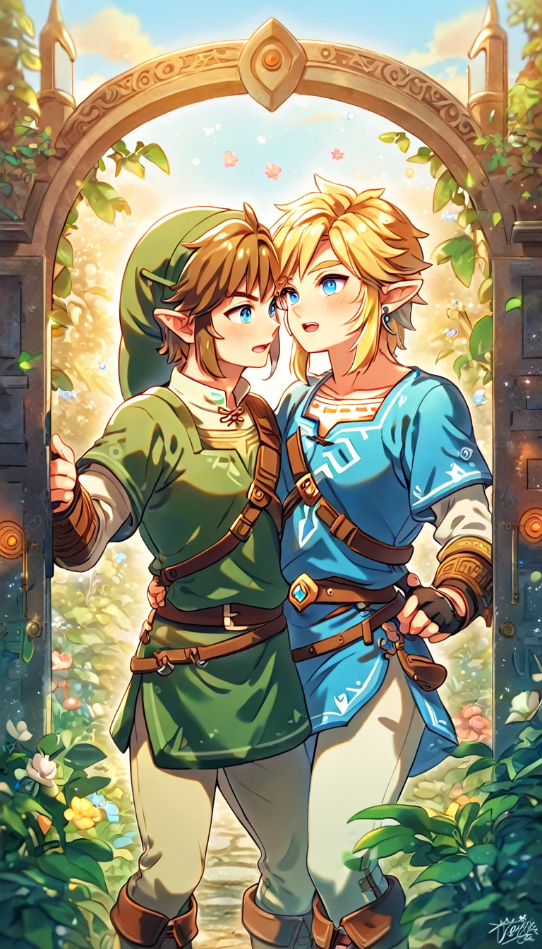 absurdres, highres, ultra detailed, HDR, master piece, best quality, extremely detailed face, delicated features, Link, brown hair, expressive blue eyes, The Legend Of Zelda, Link, blonde hair, expressive blue eyes, two sexy men together, gay couple, yaoi, handsome, green tunic, blue tunic, fantasy, magical, radiant, gate, flowers, garden, blue sky, green leaves, Twilight Princess & Breath Of The Wild