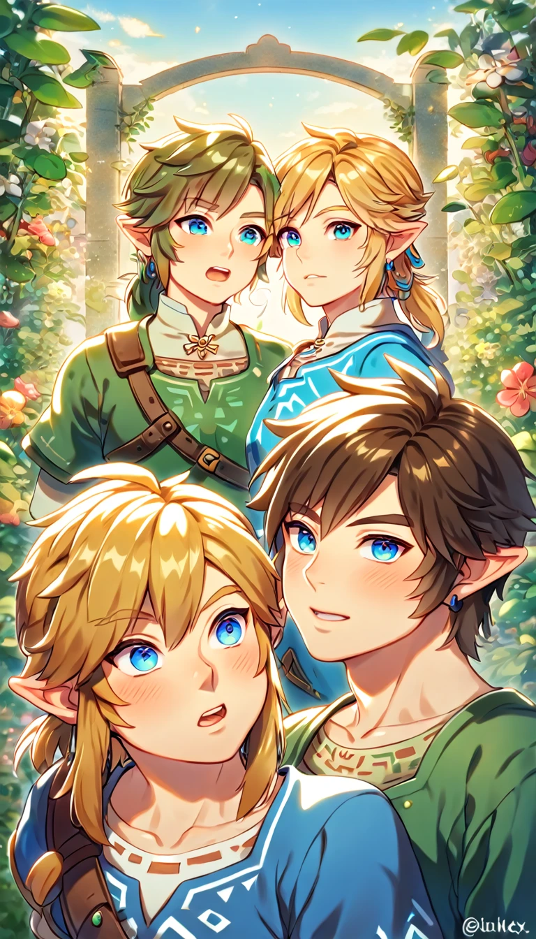 absurdres, highres, ultra detailed, HDR, master piece, best quality, extremely detailed face, delicated features, Link, brown hair, expressive blue eyes, The Legend Of Zelda, Link, blonde hair, expressive blue eyes, two sexy men together, gay couple, yaoi, handsome, green tunic, blue tunic, fantasy, magical, radiant, gate, flowers, garden, blue sky, green leaves, Twilight Princess & Breath Of The Wild