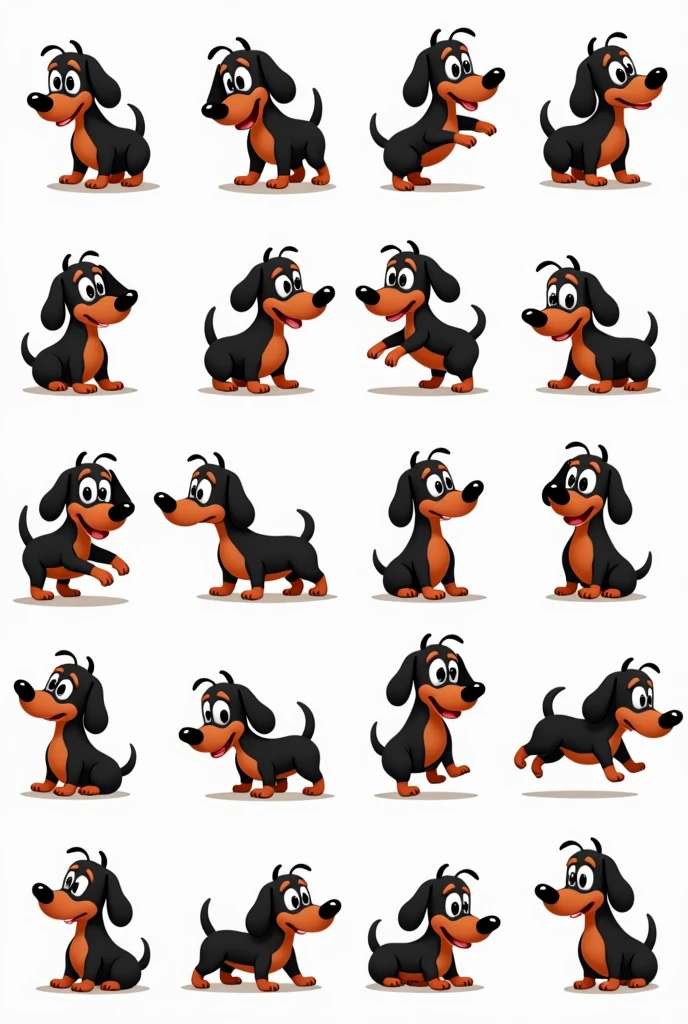20 drawings, cartoon-like, of the same black sausage dog (with paw, caramel snout and eyebrows) in several different poses