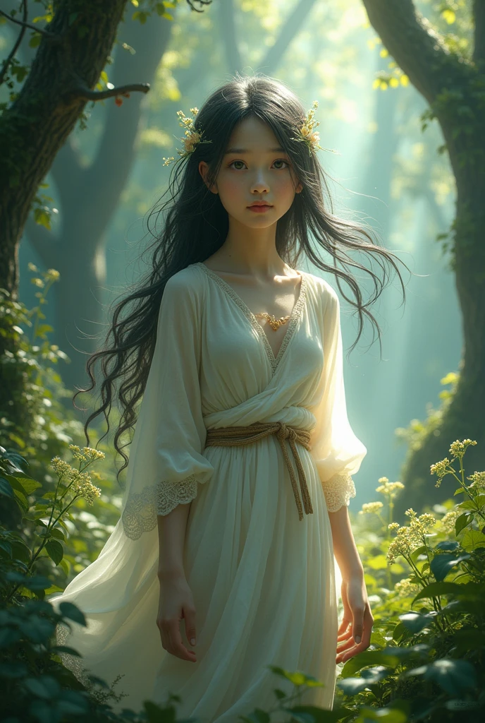 woman, ((18 yo)) , fit , (young) , beautiful , (((pale skin, wavy brunette hair))), (((tight t-shirt, busty, dreamy, loving stare, magical fairytale fantasy atmosphere, magical fairytale forest, sexy))), flowers in hair, surrounded by flowers, happy, playful, erect nipples