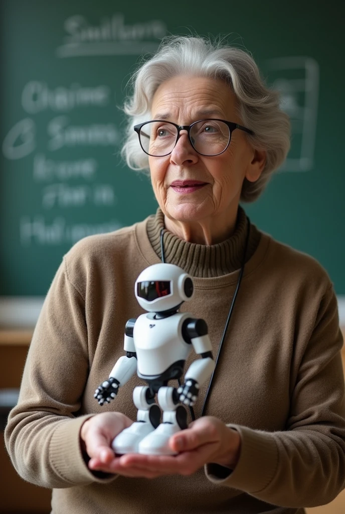 A 100kg 50-year-old teacher is holding a robot-assisstant on her palm