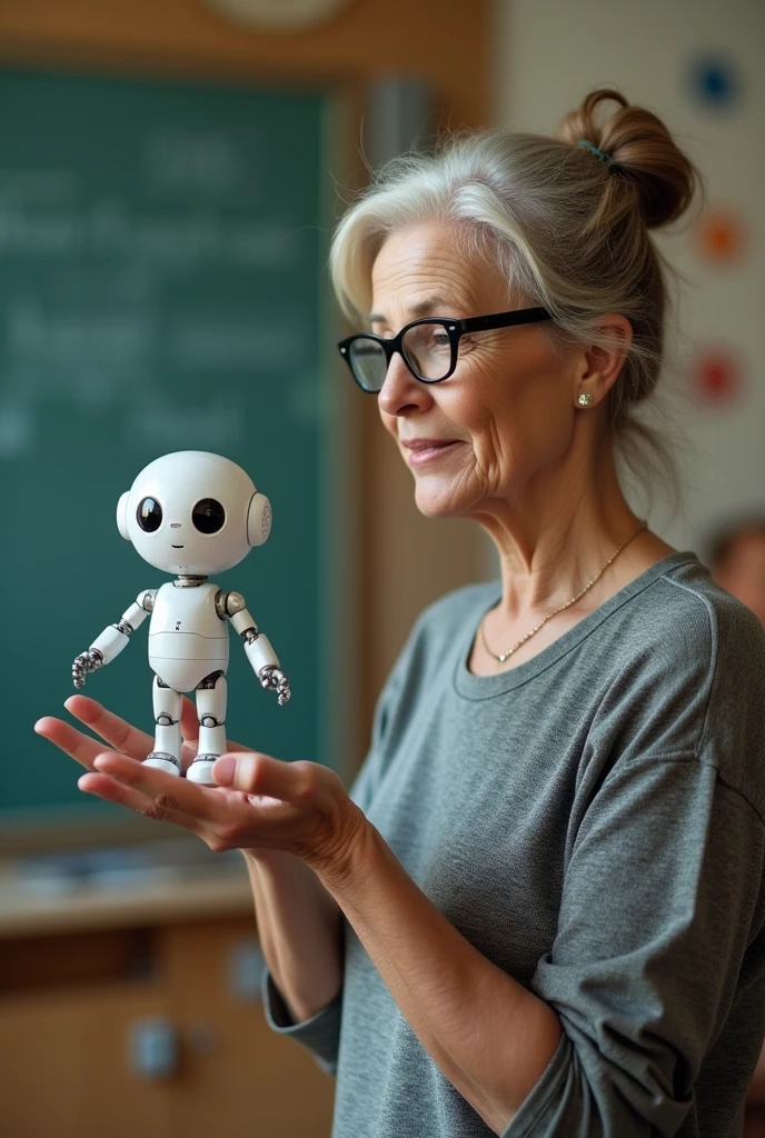 A 100kg 50-year-old teacher is holding a robot-assisstant on her palm