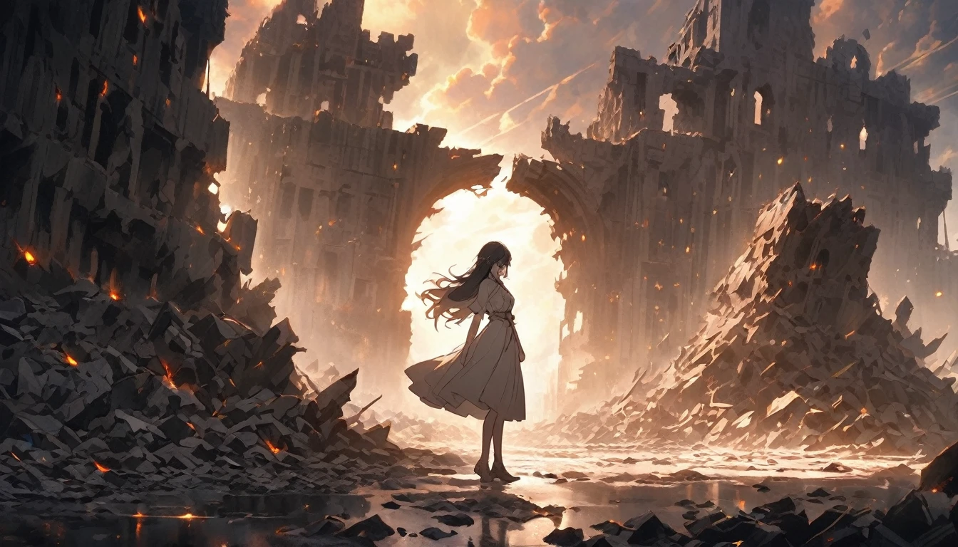 A somber yet empowering scene of a young woman standing alone in the middle of a ruined fortress at twilight, symbolizing her emotional state. The fortress is crumbling, with broken walls and debris scattered around, representing the fallen defenses and shattered dreams. The woman is in the process of picking up pieces of rubble, symbolizing the fragments of her broken heart. She has a determined expression on her face, indicating resilience and the will to rebuild. The sky is a mix of dark clouds and faint rays of light, symbolizing both the darkness of her past and the hope of a new beginning. The light subtly highlights the woman and the ruins, casting long shadows that add depth to the scene. The colors are muted but with hints of warm light breaking through, creating a contrast between the despair of the past and the hope of the future.
