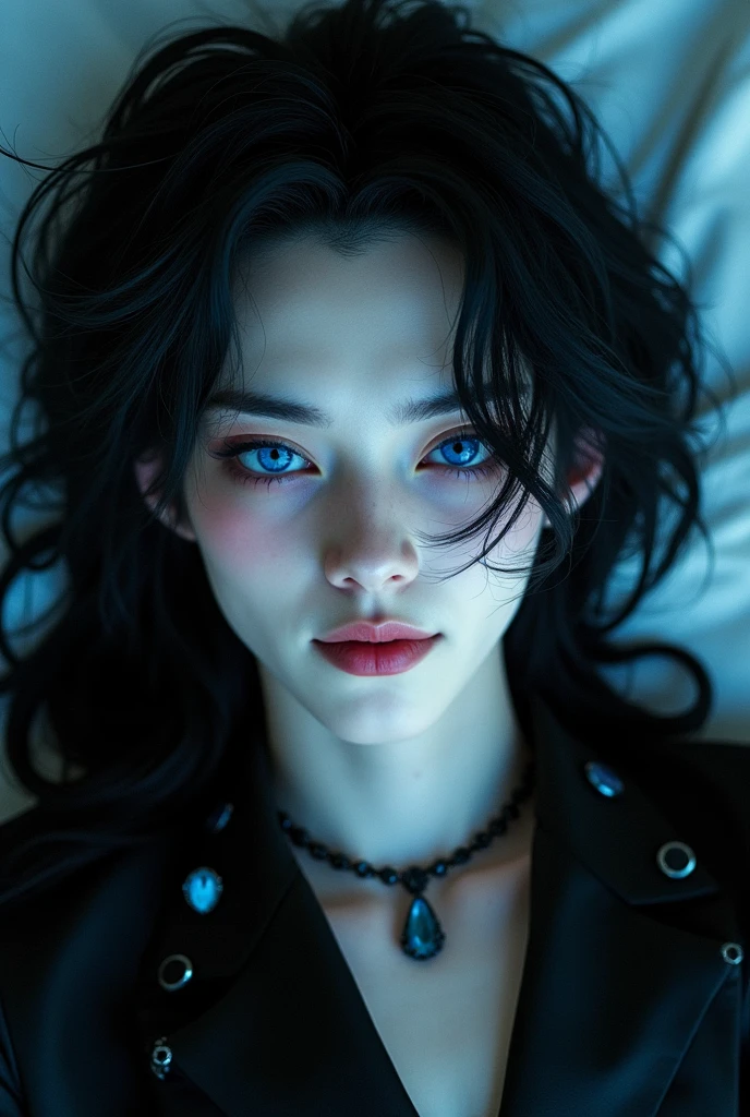 A sexy male  with super big indigo eyes and gems and long black hair, with nice and delicate face, dressed in gothic clothes, his skin is pale and snow white, he is lying on the bed and smirking 