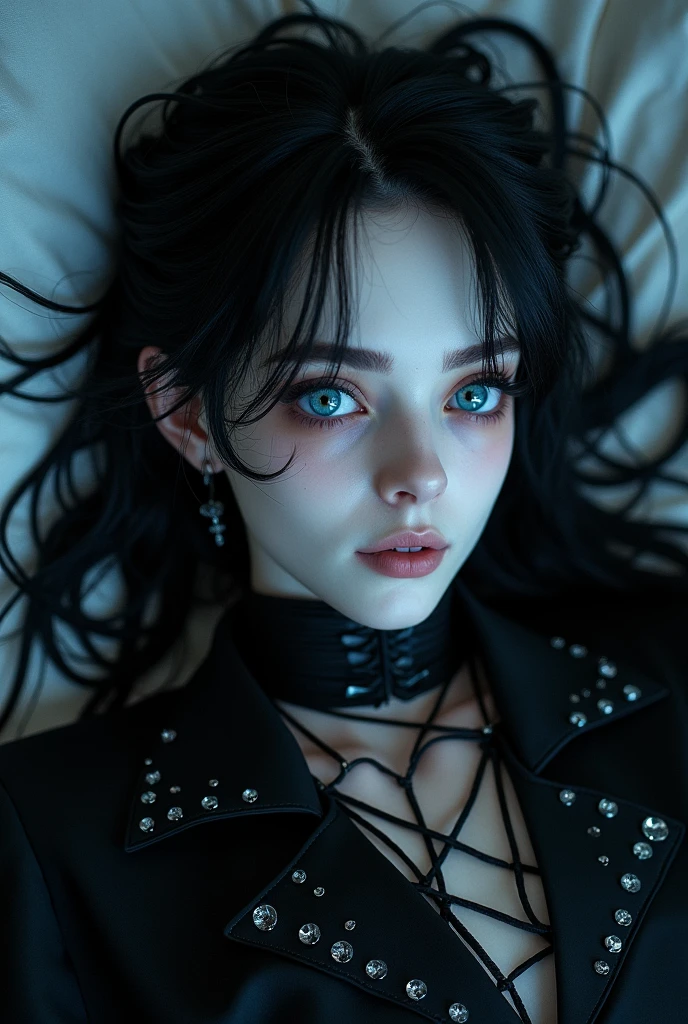 A sexy male with super big indigo eyes and gems and long black hair, with nice and delicate face, dressed in gothic clothes, his skin is pale and snow white, he lies on the bed, looking sexual
