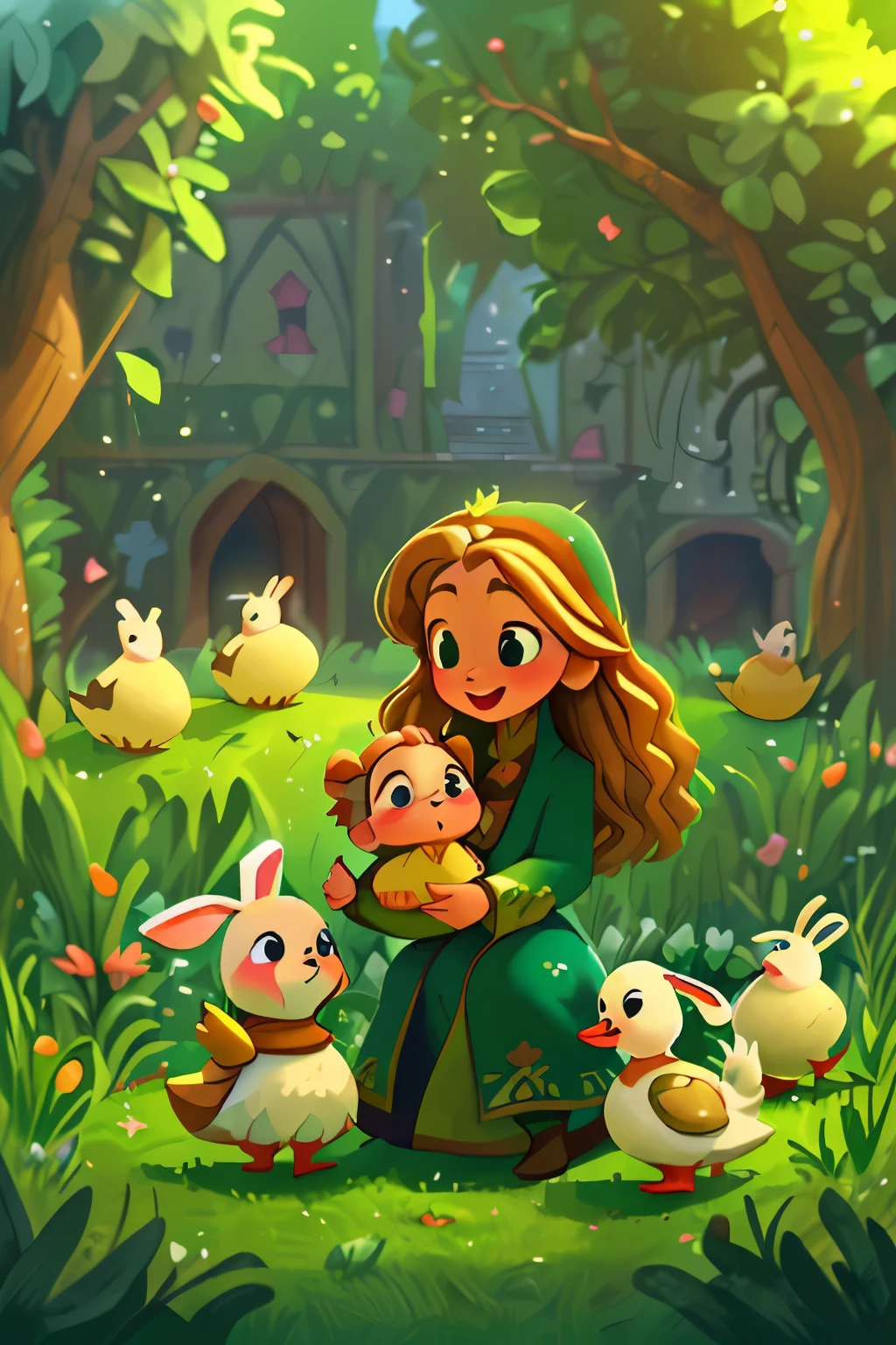 (high resolution: 1.2),Happy moment, medieval mother and 2 daughters, go shopping at village market, cheer, bunnies and duck, beautiful detailed eyes, lush green garden, long flowing hair, traditional medieval clothes,