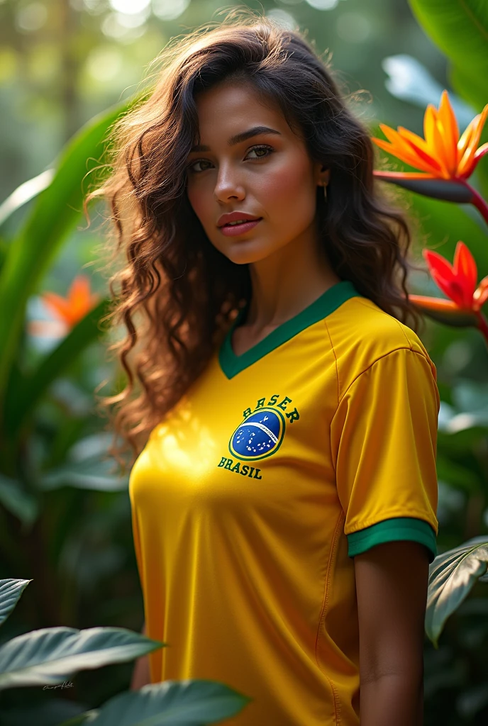 An American woman in a lush tropical garden, wearing a Brazil shirt, with a close-up capturing the harmonious beauty between her breasts and the natural flowers, showing off your natural charm and outgoing personality.