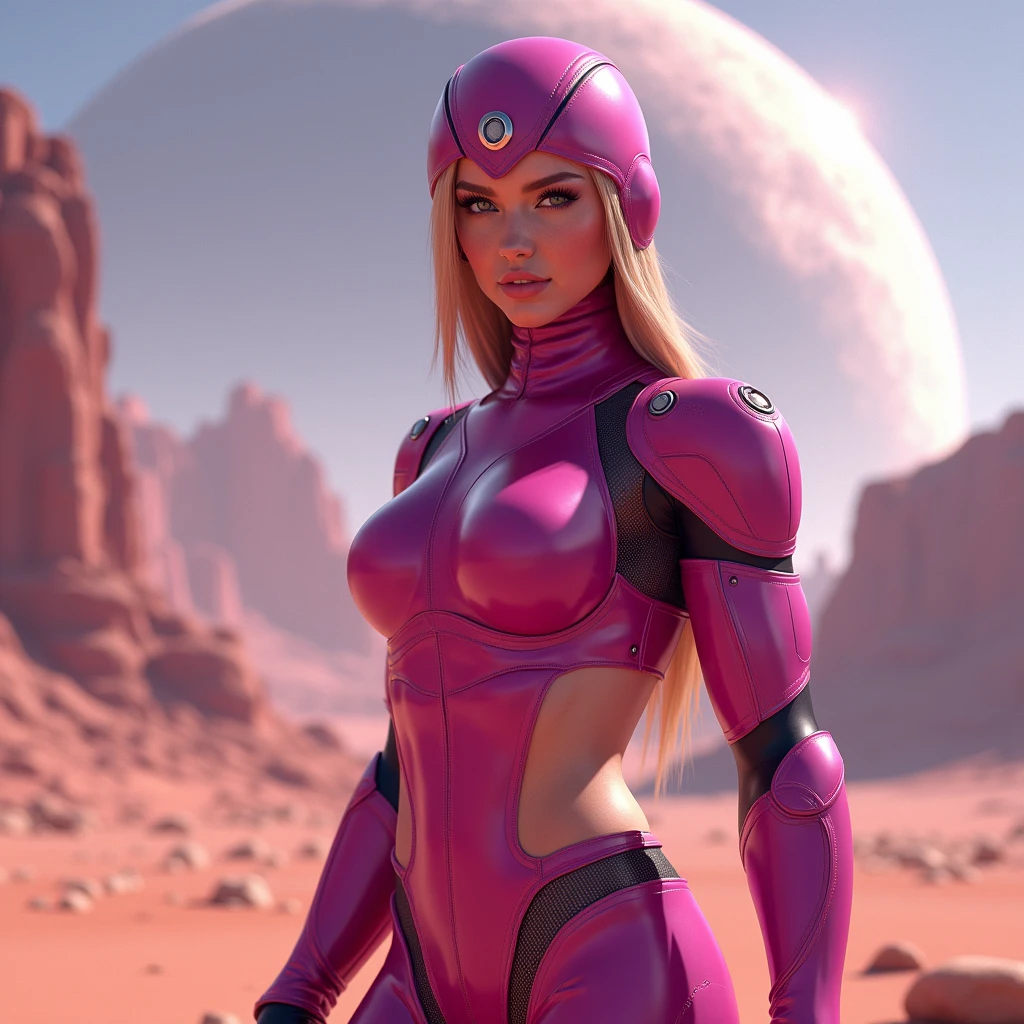 mesmerizingly beautiful RUIVO CARAMELHO e magenta zero suit samus aran, latex clothing, deserted alien planet landscape, planet in the sky, friendly, inviting, looking at viewer, muscular arms, muscular abs, athletic body, pussy, huge breasts, detailed, raw photo, photorealistic, professional photograph, attractive, stunning, cinematic, intricate, artistic, highly complimentary colors, perfect composition