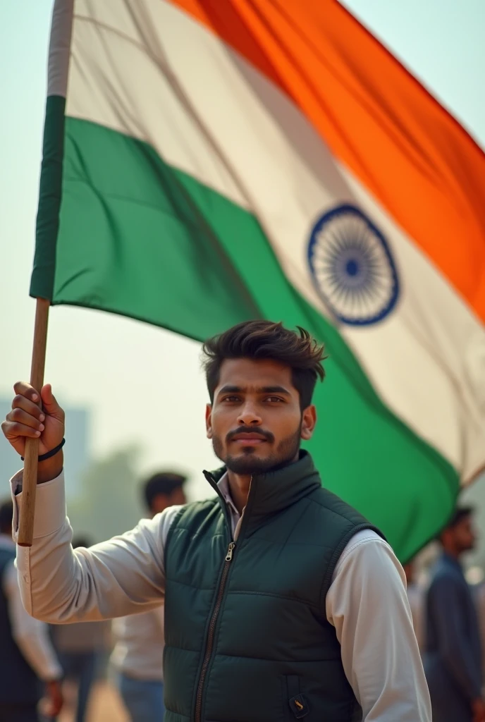 A 21 year old Indian boy keep hand Indian flag 
