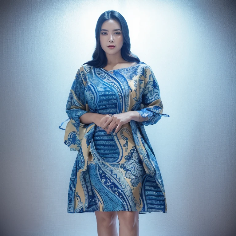 (masterpiece), (best quality), (digital painting), wide shot angle, 1 beautiful woman, thick eyebrows, curled eyelashes, facial details, long hair, Huge breasts, ((bluebatik shirt, silk cloth_pattern)), repeating pattern design, blue short skirt, hips, background, shop street, highly detailed, intricate, 8k octane rendering