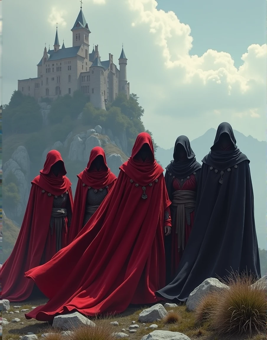 Five hooded men stand on a mountain with a castle in the background, Pintado por Andreas Rocha, vestes vermelhas, Dark robes, Reis Cruzados 3, Directed by: Andreas Rocha, Credo do Assassino, Assassinos, vestindo vestes escuras, Andreas Rocha e John Howe, wearing flowing robes, flowing robes and leather armor, Martin Raphael Lacoste