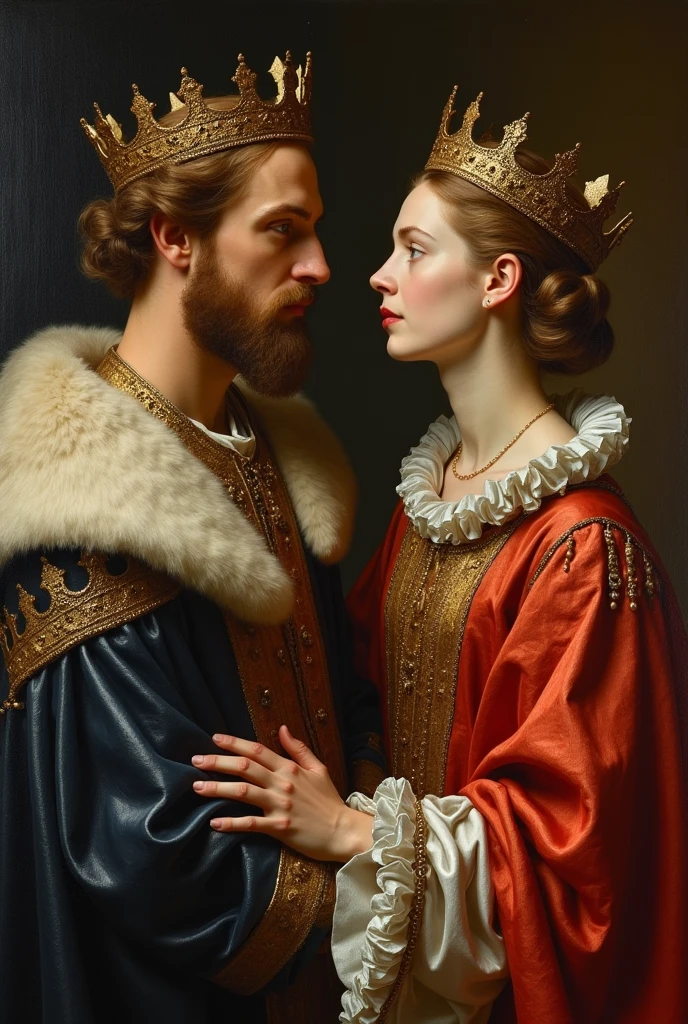 King and queen in a painting portrait of a painting, middle Ages, They are young
