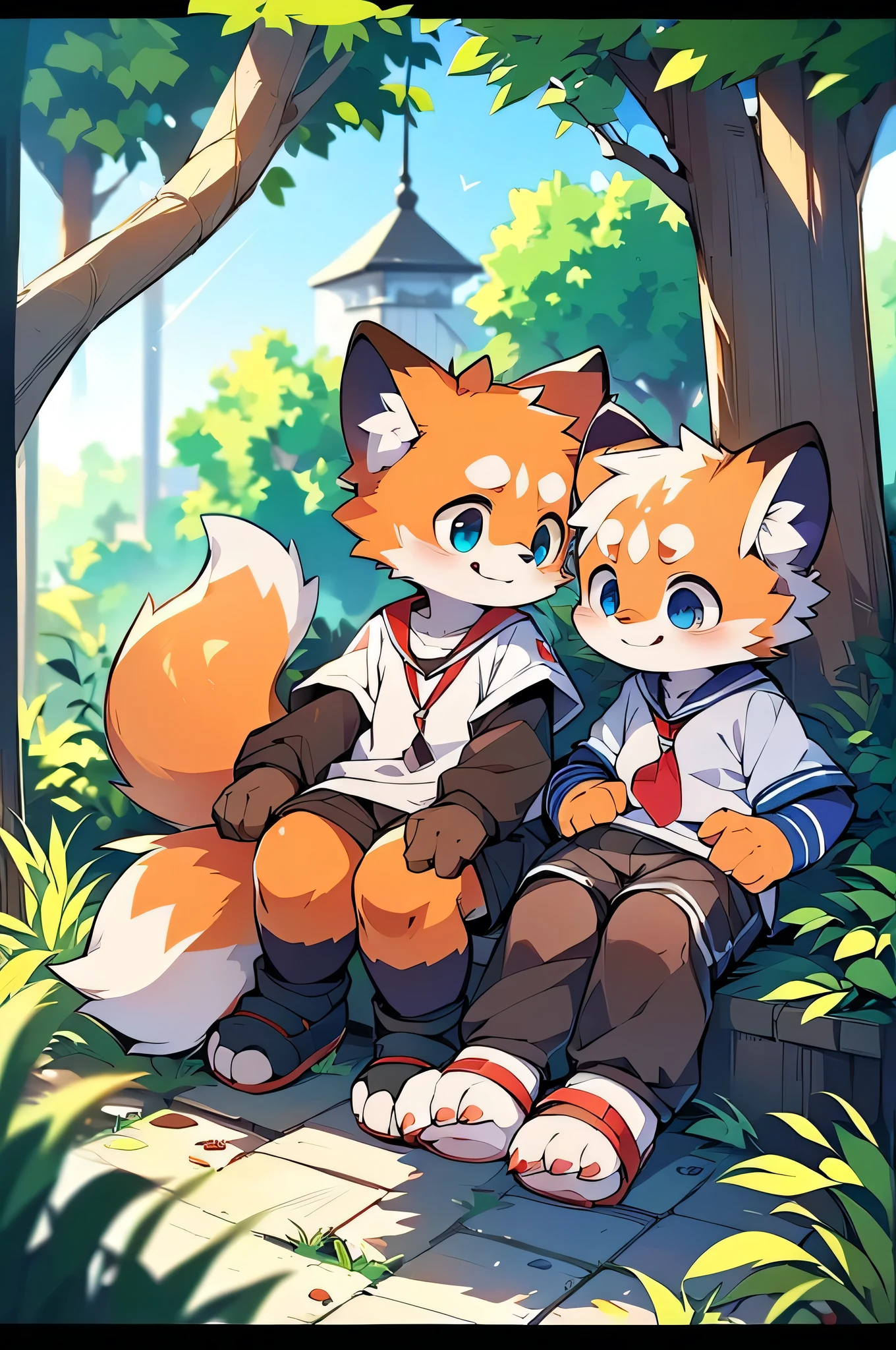 (Dagashi: 1.1),super high quality,Very detailed,High resolution,Red Panda Fur,Anatomically correct,White shirt and navy shorts,blue eyes,Mischievous Smile,Middle school students,Adorable,Cute art style in anime(Cheerful teenager,13 years old:1.3),
