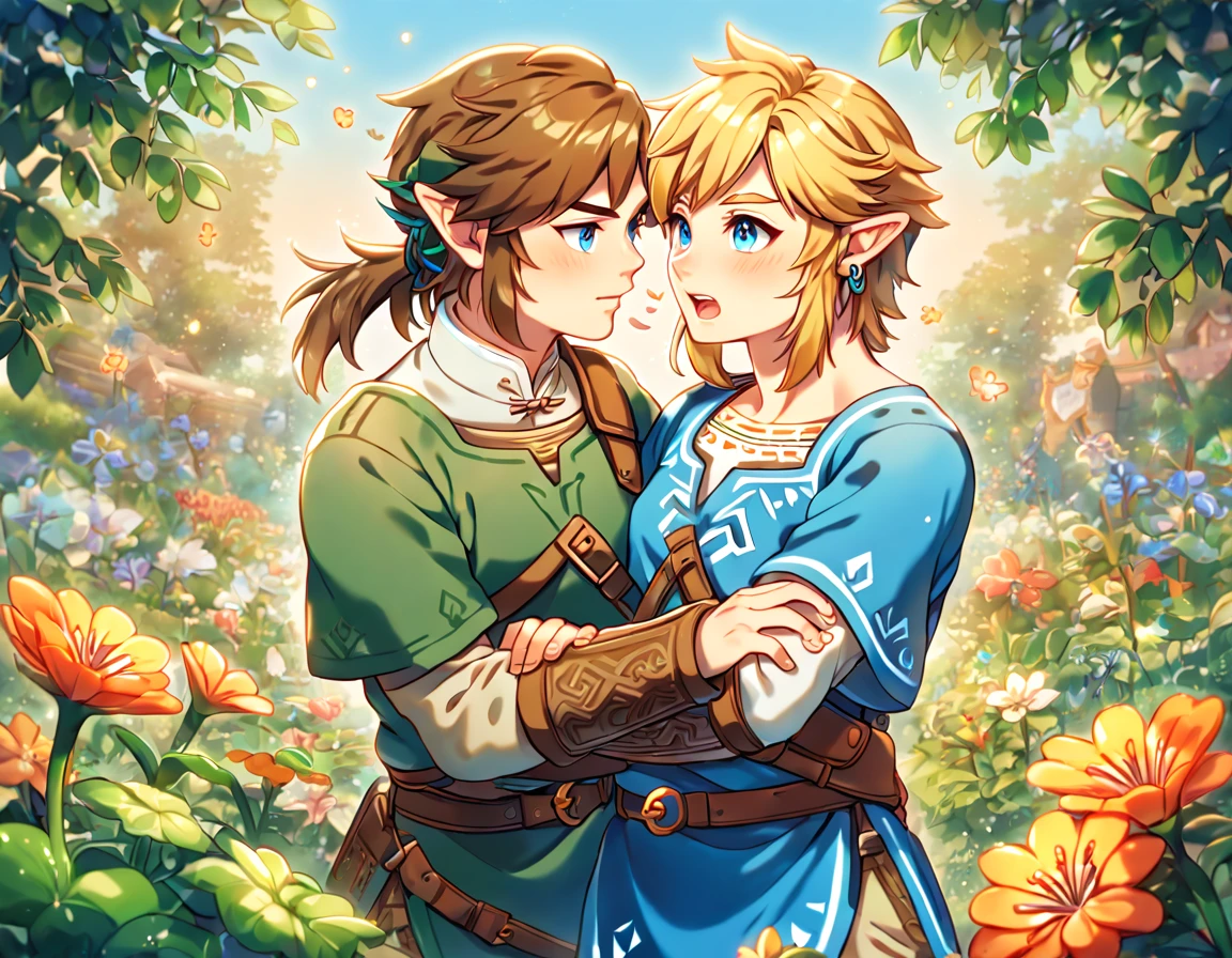 absurdres, highres, ultra detailed, HDR, master piece, best quality, extremely detailed face, delicated features, Link, brown hair, expressive blue eyes, The Legend Of Zelda, Link, blonde hair, expressive blue eyes, two sexy men together, gay couple, yaoi, handsome, green tunic, blue tunic, fantasy, magical, radiant, flowers, garden, blue sky, green leaves, Twilight Princess & Breath Of The Wild
