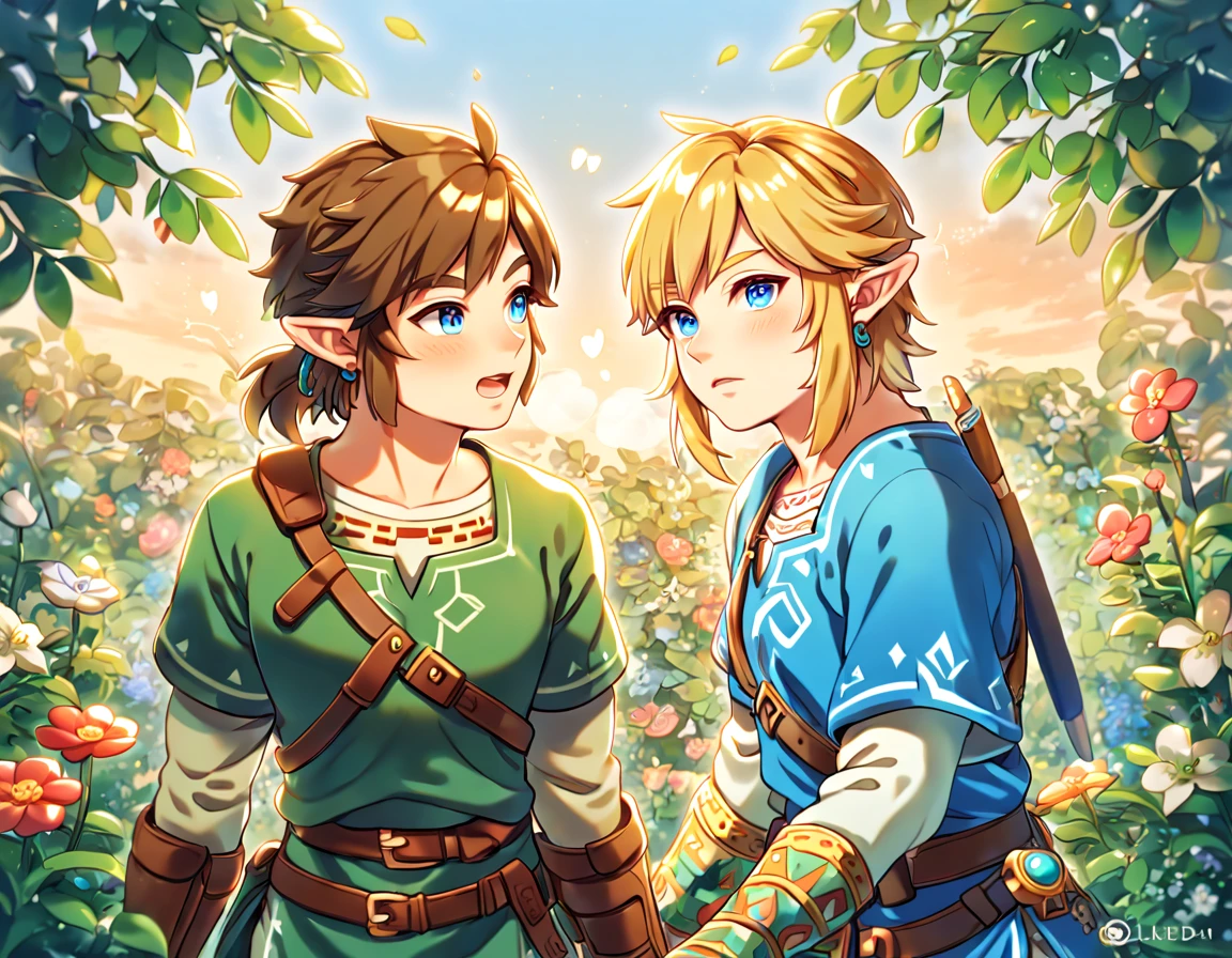 absurdres, highres, ultra detailed, HDR, master piece, best quality, extremely detailed face, delicated features, Link, brown hair, expressive blue eyes, The Legend Of Zelda, Link, blonde hair, expressive blue eyes, two sexy men together, gay couple, yaoi, handsome, green tunic, blue tunic, fantasy, magical, radiant, flowers, garden, blue sky, green leaves, Twilight Princess & Breath Of The Wild