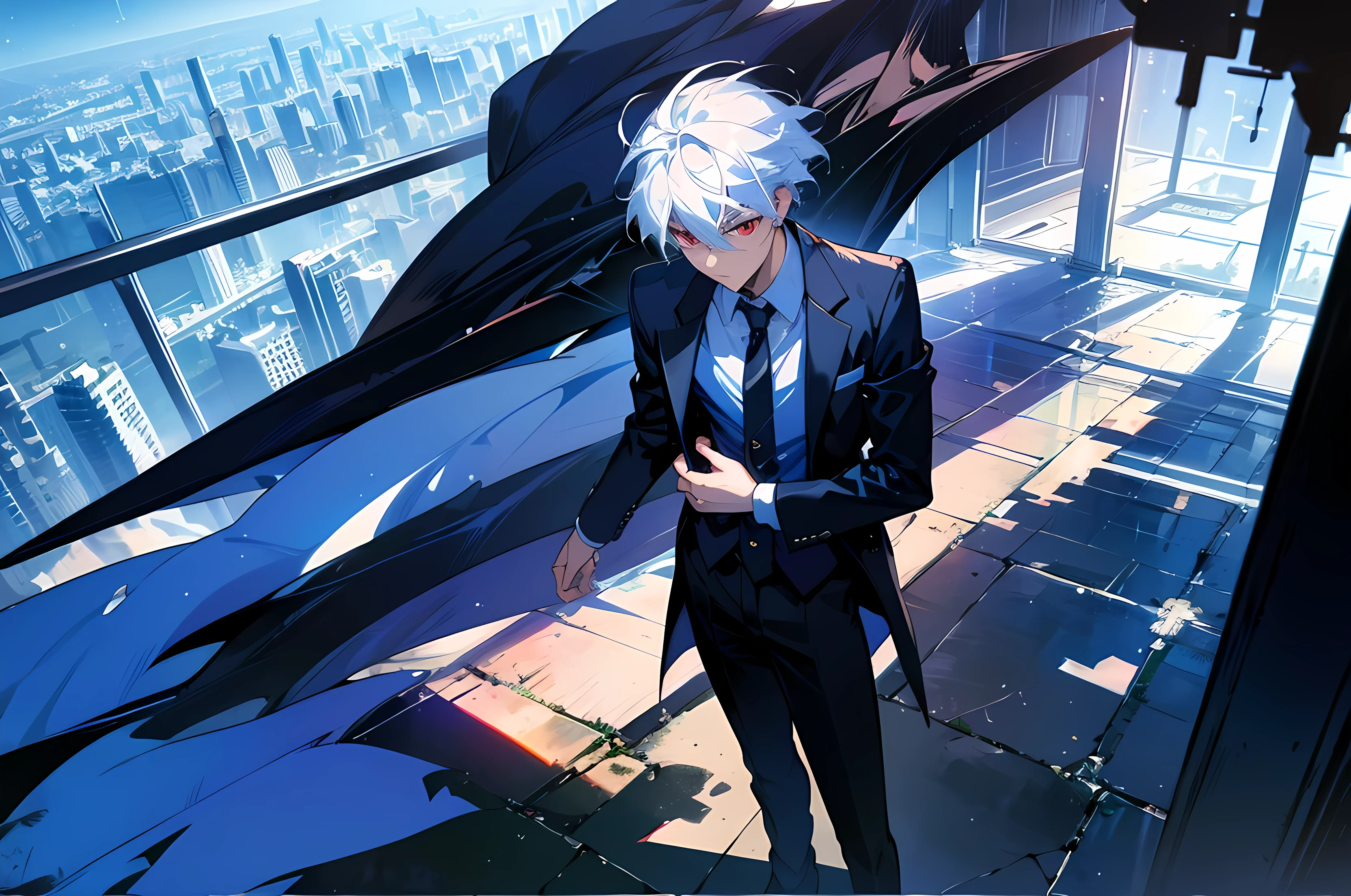 Chico, Alone, standing, adjusting his tie, whole body, a photo of a man in his twenties, shiny black suit, White hair, arranged to one side, Red eyes, big company, large windows, blue and clear sky, Neon colors