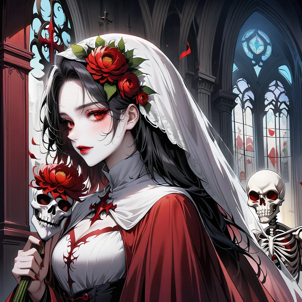 Bride of the strange devil,beautiful face,skeleton groom,church,red chrysanthemum,Flower from the other side