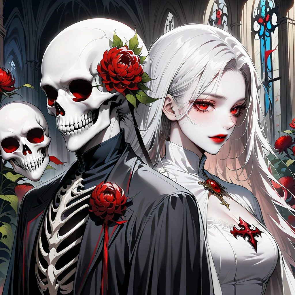 Bride of the strange devil，beautiful  face，skeleton groom，church，red chrysanthemum，Flower from the other side