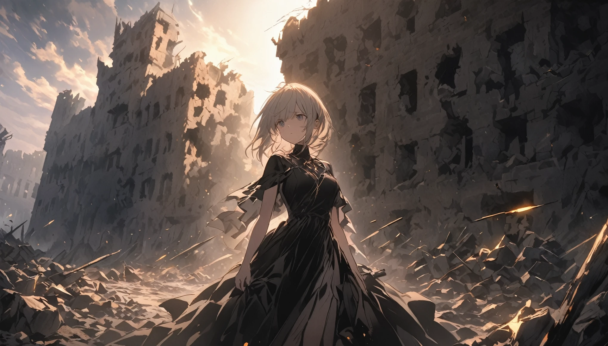 A somber yet empowering scene of a young woman standing alone in the middle of a ruined fortress at twilight, symbolizing her emotional state. The fortress is crumbling, with broken walls and debris scattered around, representing the fallen defenses and shattered dreams. The woman is in the process of picking up pieces of rubble, symbolizing the fragments of her broken heart. She has a determined expression on her face, indicating resilience and the will to rebuild. The sky is a mix of dark clouds and faint rays of light, symbolizing both the darkness of her past and the hope of a new beginning. The light subtly highlights the woman and the ruins, casting long shadows that add depth to the scene. The colors are muted but with hints of warm light breaking through, creating a contrast between the despair of the past and the hope of the future.