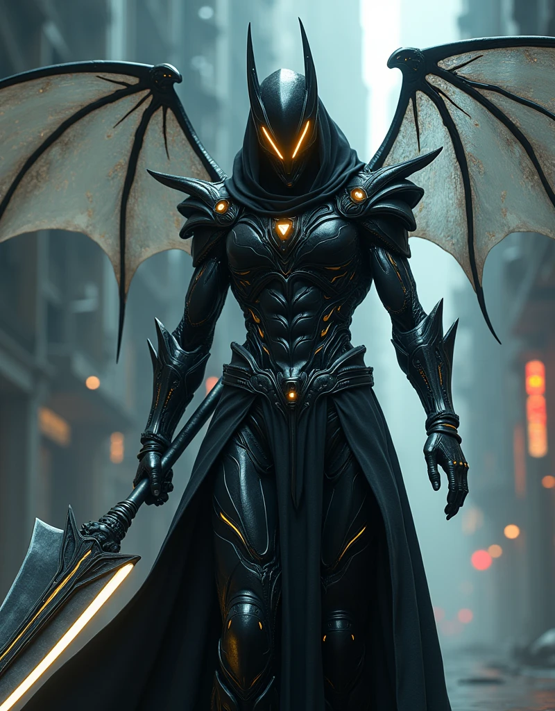 ((Full-Body)) alien warrior, futuristic glossy black bodyform armor, sleek helmet with glowing yellow thin visor, large glowing horns, intricately designed advanced technology armor, ethereal transparent glowing bat wings, powerful pose, holding reaper scythe with glowing yellow blade, high-tech otherworldly scene, (best quality,4k,8k,highres,masterpiece:1.2),ultra-detailed,(realistic,photorealistic,photo-realistic:1.37),cinematic lighting,dramatic shadows,hyperdetailed,extremely detailed, cinematic composition, stunning visual effects