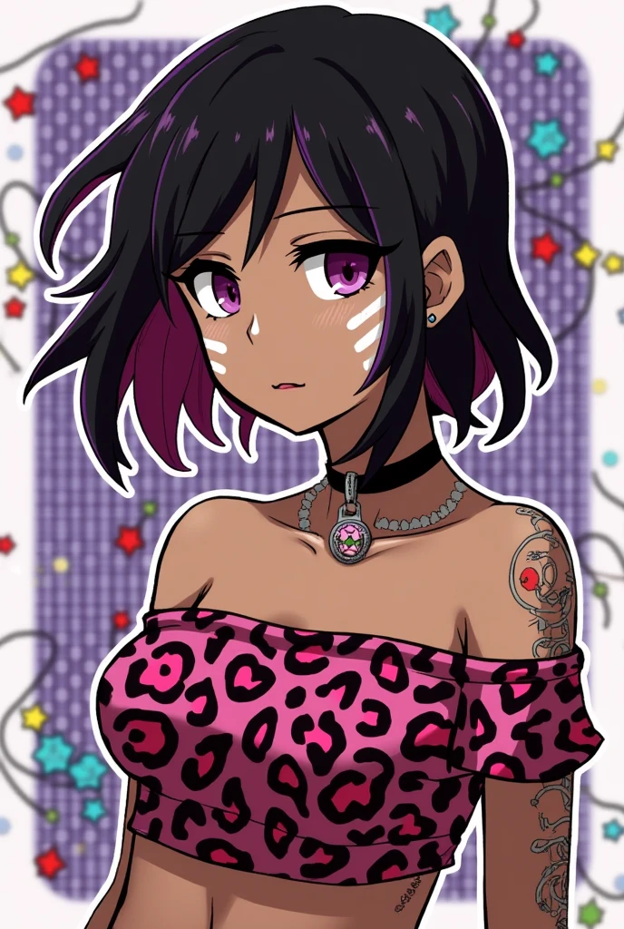 core_9, score_8_up, score_7_up, score_6_up, source_anime, 1girl, solo, dark skin, dark-skinned female, colored skin, BREAK, (yamanba), eyeshadow, very dark skin, makeup, tattoos, leopard print, choker, off-the shoulder crop top, piercings, colorful hair, (white facepaint makeup), frieren