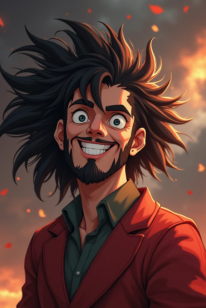 man in anime version,religious good,with scary smile,big hair