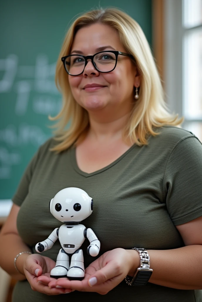 A chubby middle-aged blonde teacher with glasses is holding a robot-assisstant on her palm