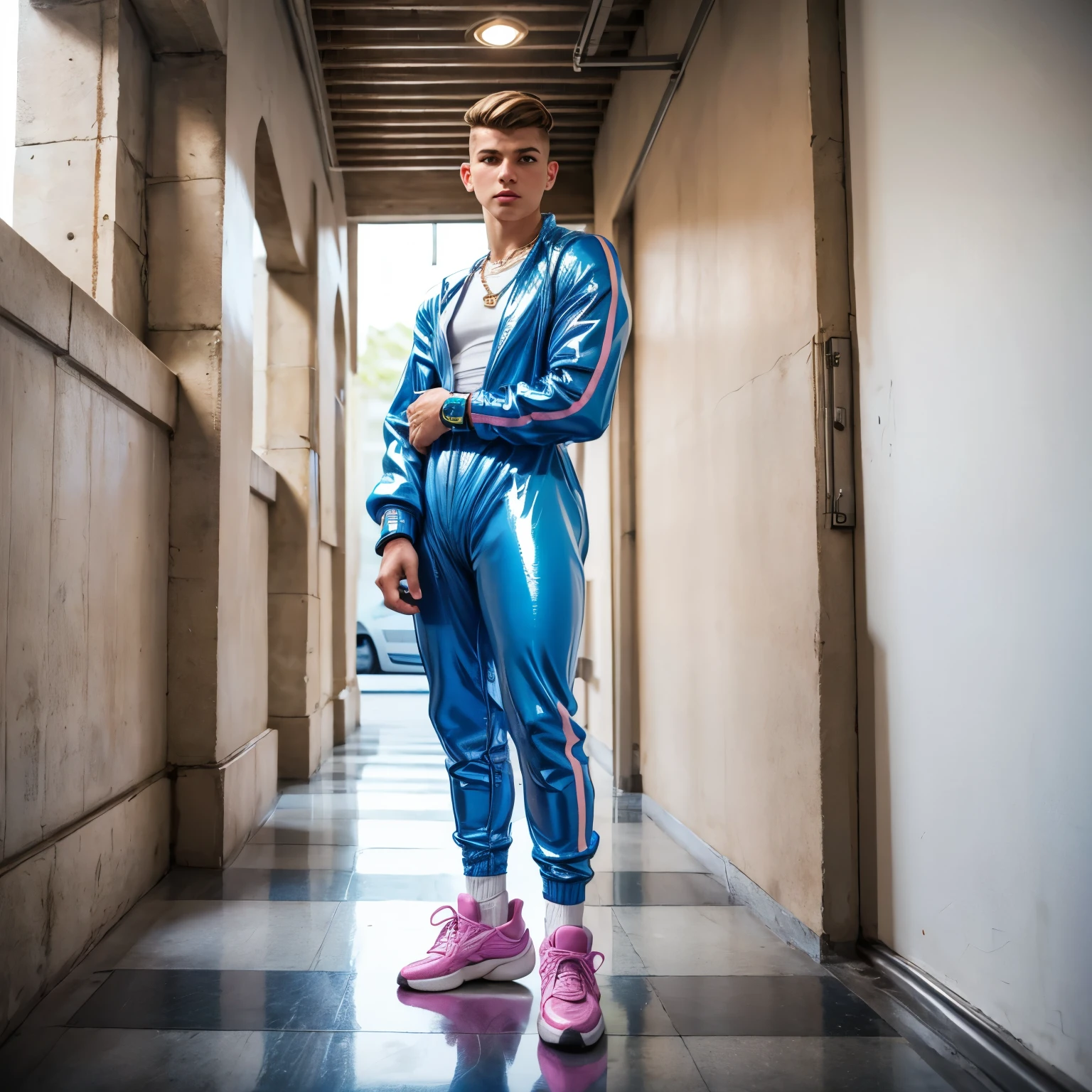 full view full body, one Teen white european boy with hyper styled short undercut light-brown haircut, wearing pink and blue latex jumpsuit that says “I like boys”, Balenciaga triple s pink chunky sneakers, white latex socks, dozens of gay styled rings, necklaces, bracelets, standing front very preppy style College exit