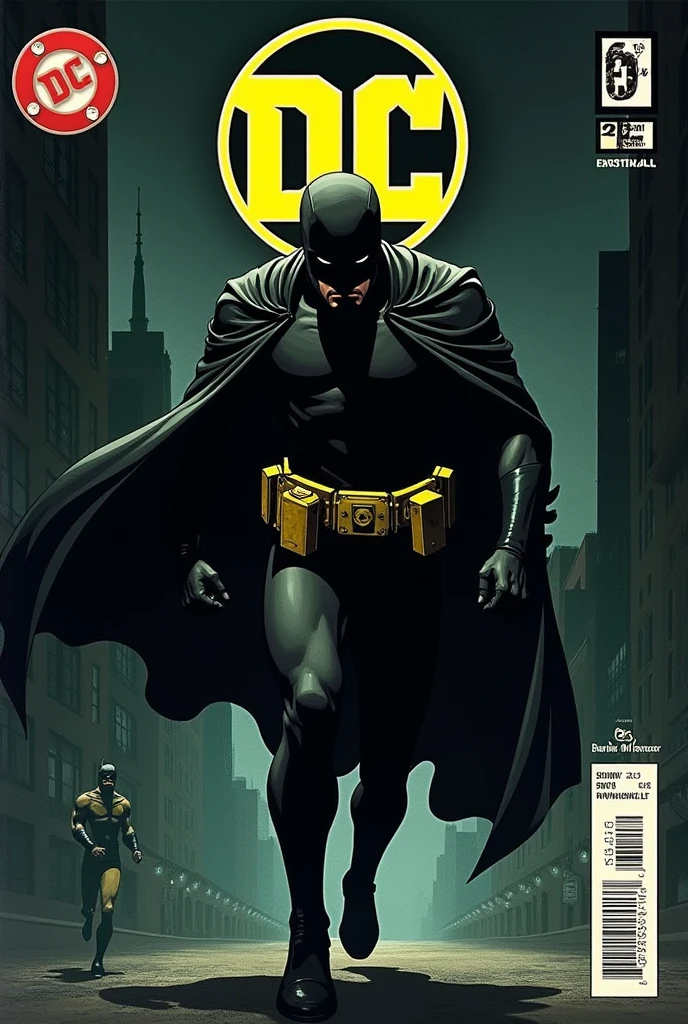 DC Comics superhero comic featuring images of a hero named Night Owl, with a dark suit in shades of black or grey, that allows you to move stealthily in the dark. The suit has tactical or functional details, wears a mask or hood that covers part of his face. He wears a dark cape on his back, A yellow multifunctional belt that can carry gadgets or tools that help you in your activity as a night watchman. He has an athletic physique, with an appearance that reflects agility and strength.
Put this character on the cover and the letters DC Comics in yellow above it. Eocomic is from the year 1954.