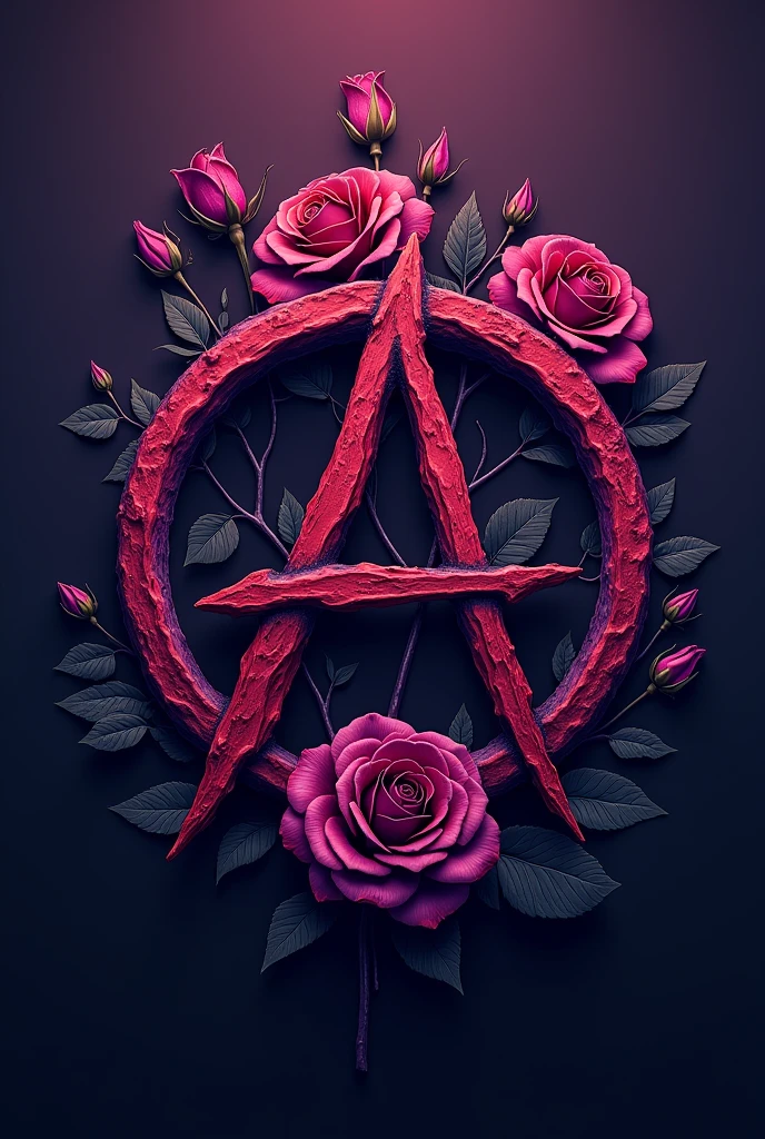 A logo with an anarchic symbol with roses and purple in the background
