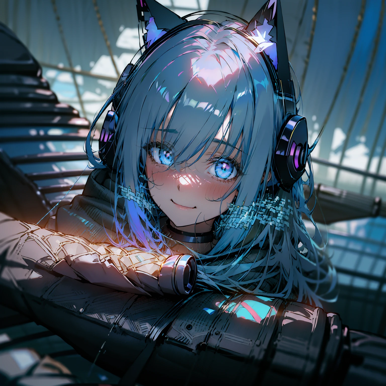 beautiful girl, iridescent blue hair, wearing a black hoodie with cyber neon patterns, wearing cat ear headphones, smiling happily, bright blue eyes, holding a chainsaw, evening, tall buildings, pouring rain, street lights.