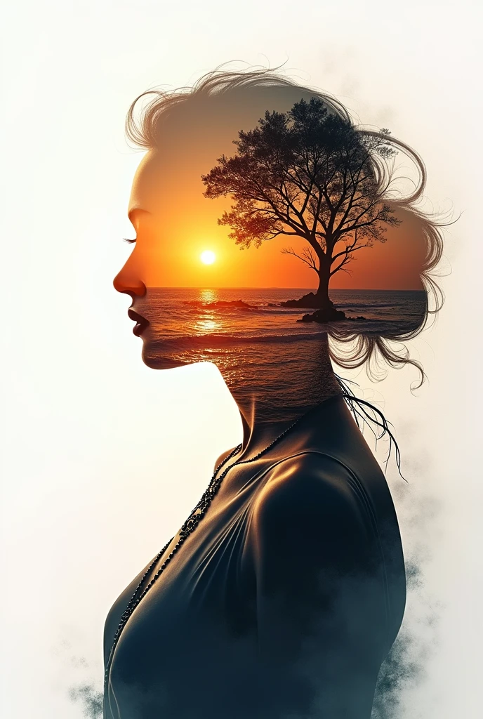 high quality, 8K Ultra HD, A beautiful double exposure that combines an deepak silhouette with sunset coast, sunset coast should serve as the underlying backdrop, with its details incorporated into the goddess , crisp lines, The background is monochrome, sharp focus, double exposure, by yukisakura, awesome full color,